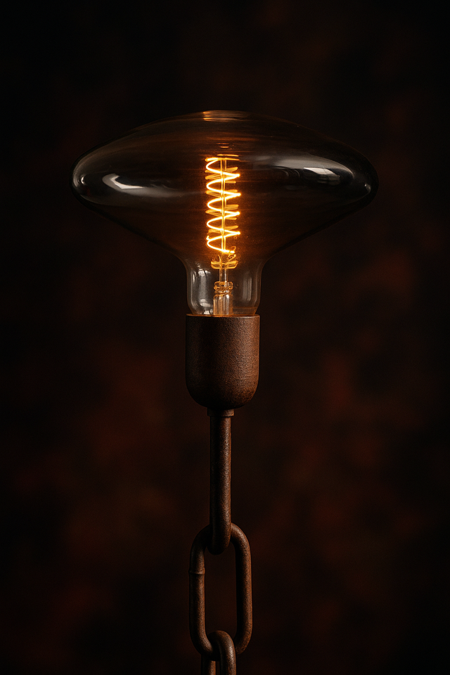 Primo piano della lampadina fumé accesa in ambiente scuro, con struttura verticale in catena e finitura ruggine