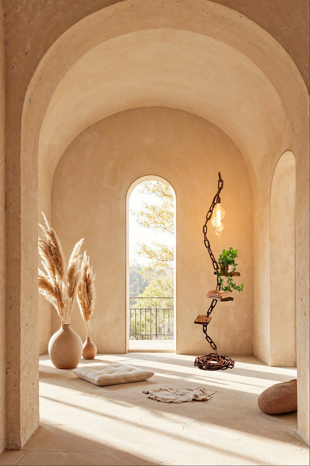 Lampada Scilla ambientata in uno spazio luminoso e minimale, con elementi naturali e luce accesa su struttura in catena e ripiani in legno