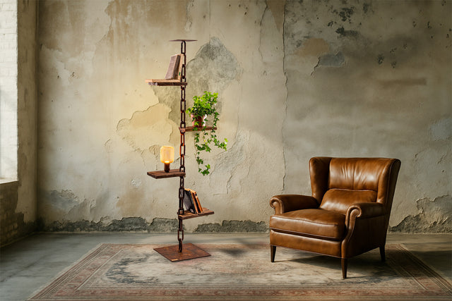Ambientazione calda con lampada Baia accanto a una poltrona vintage; perfetta fusione tra arte funzionale, design industriale e arredo emozionale