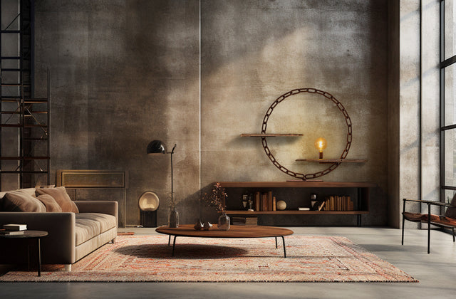 Lampada Galena ambientata in loft moderno con pareti materiche e arredamento industriale, luce accesa su base in legno e catena in ferro