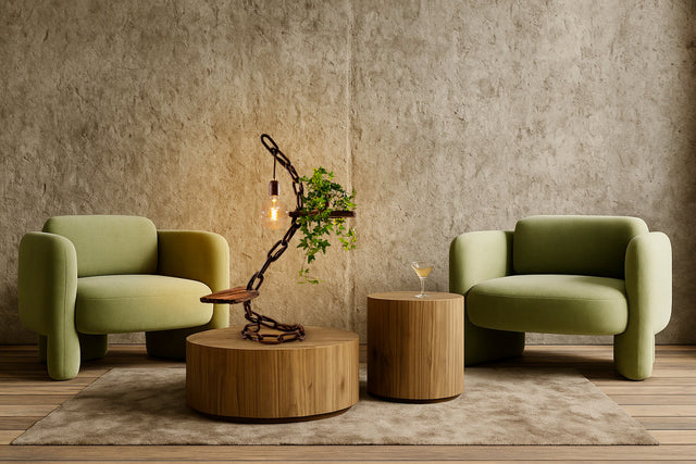 Lampada Marea ambientata in uno spazio lounge moderno con pareti materiche e arredi in legno, luce accesa e catena decorativa